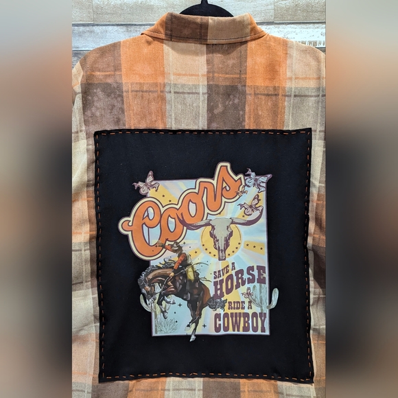 Coors Save A Horse Ride A Cowboy Upcycled Dip Dye Bleach Woven Button Down Shirt - Picture 4 of 15